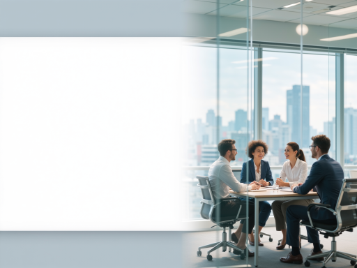 现代化办公环境，宽敞明亮的会议室，专业咨询师团队正在讨论项目方案，蓝色背景