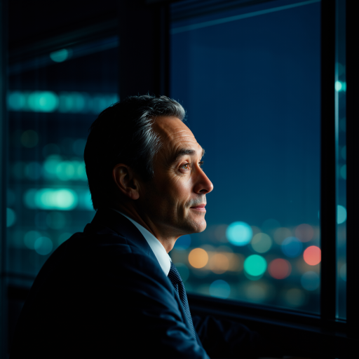 五十岁左右中年男性头像，穿深色西装，专业表情，蓝色背景，明亮自然光