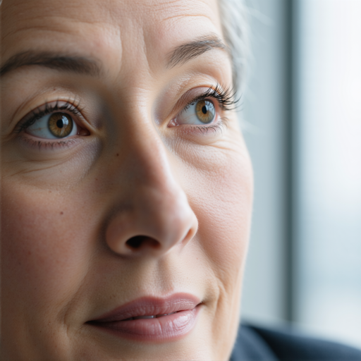 四十二岁左右中年女性头像，穿职业套装，专业表情，蓝色背景，明亮自然光